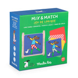 Moulin Roty Les Loufoques Mix & Match logic game box featuring an illustrated horse character and colorful cards.
