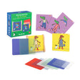 Moulin Roty Mix & Match logic game featuring colorful animal cards, patterned overlays, and a wooden frame for kids' play.