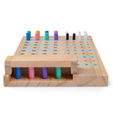 Wooden logic game board with colorful secret code pegs hidden behind a screen and player guesses with feedback markers.