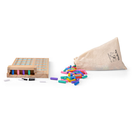 Wooden Mastermind-style board game with colorful pegs spilling out of a tan drawstring bag on a white background.