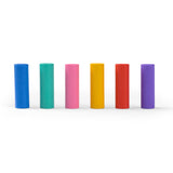 Six colorful wooden pegs in a row: blue, teal, pink, yellow, red, and purple, standing upright on a white background.