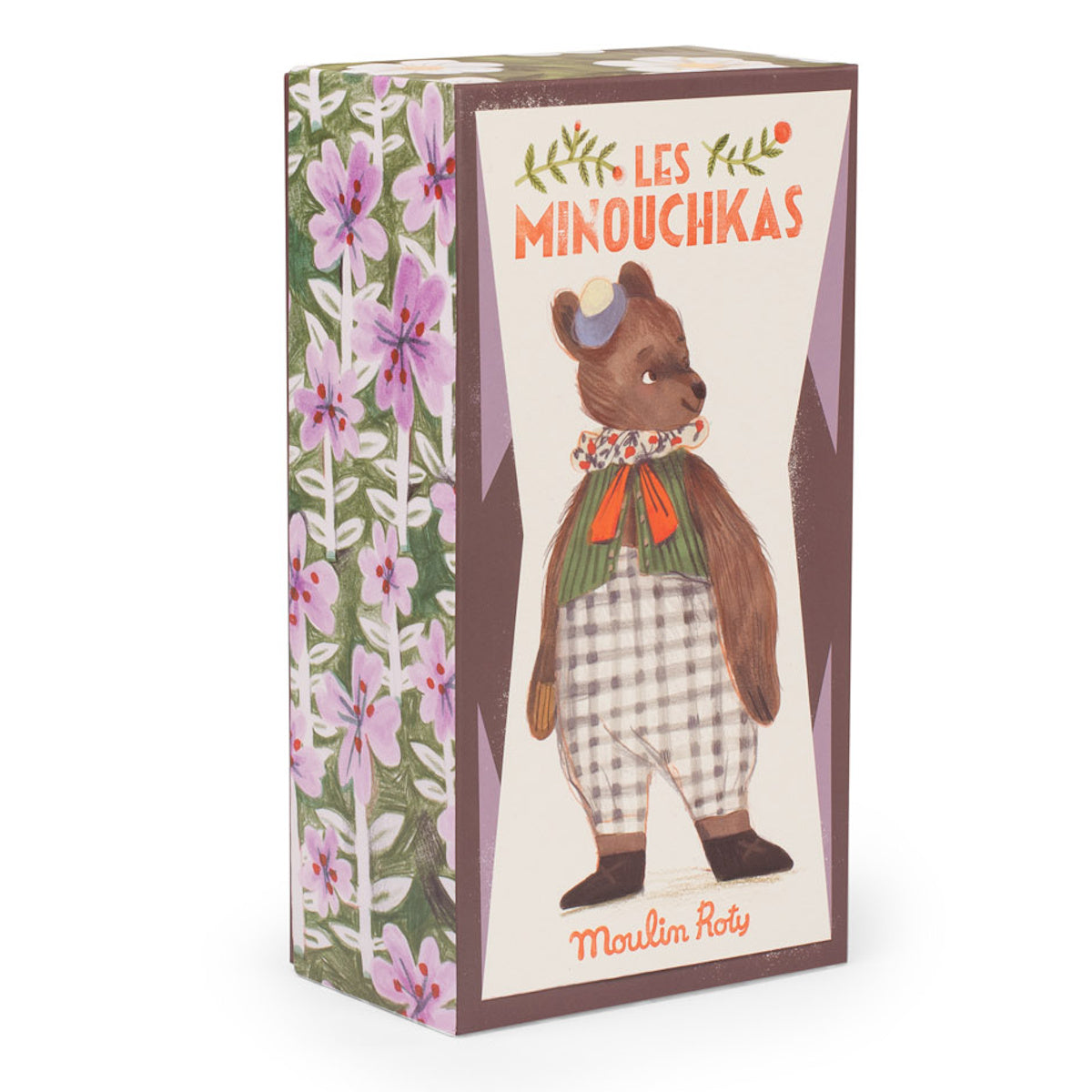 Moulin Roty Les Minouchkas Baba the Large Bear toy gift box packaging featuring a brown bear and purple flowers.