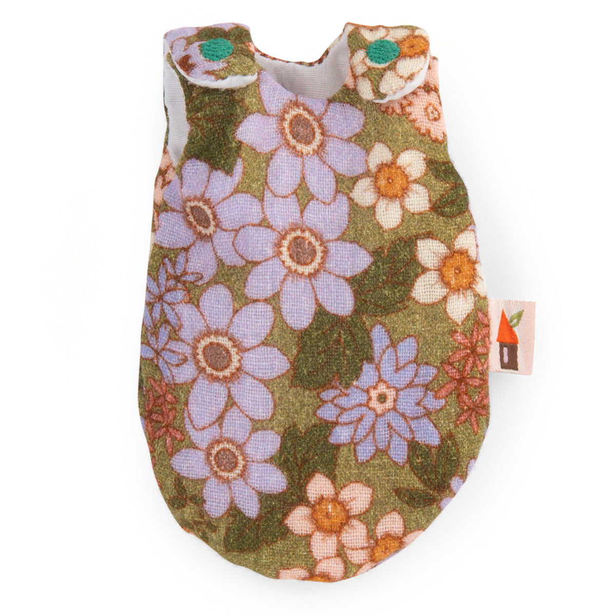Les Minouchkas Baby Rita the Duck floral doll sleeping bag vest with purple flowers on green background.