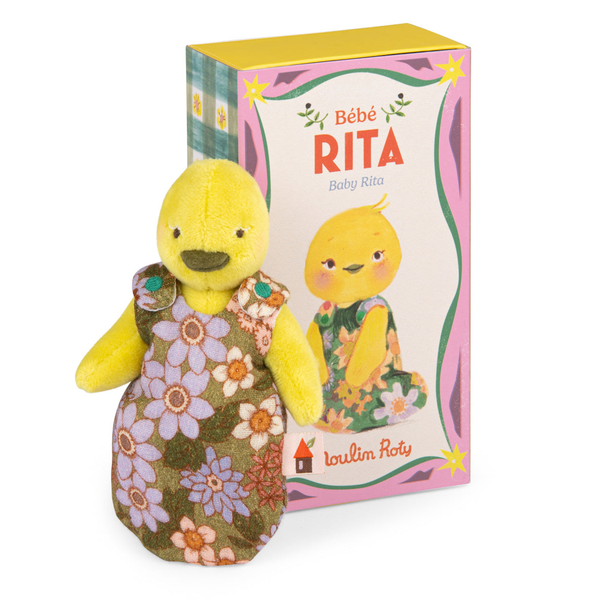 Moulin Roty Les Minouchkas Baby Rita the Duck plush toy in floral overalls with matching gift box.