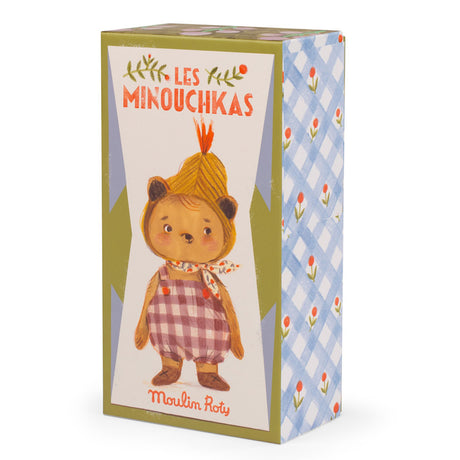 Moulin Roty Les Minouchkas Emile the small bear toy box with blue plaid pattern background.