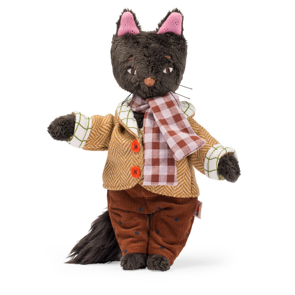 A plush cat toy with gray fur, wearing a tweed jacket, brown pants, and a checkered scarf. The tone is cozy and whimsical.