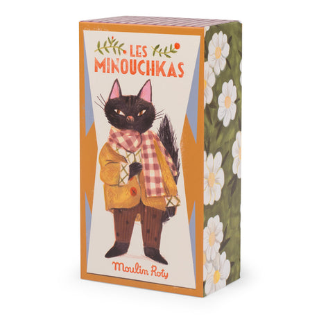 Moulin Roty Les Minouchkas Leon the Cat illustrated gift box with white floral side panel.