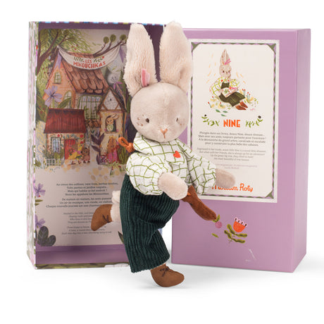 Moulin Roty Les Minouchkas Nine the Rabbit plush toy with its illustrated story box.