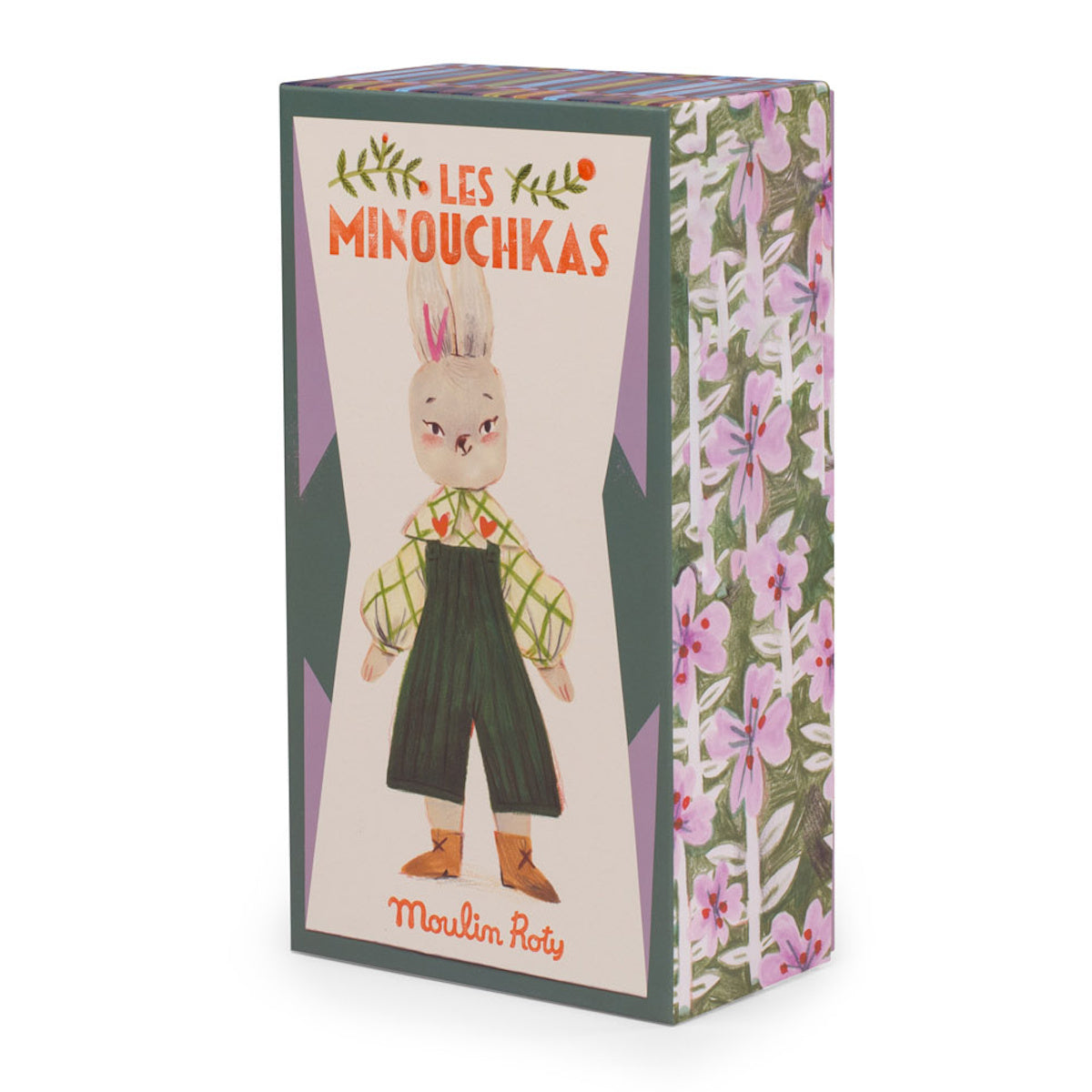 Moulin Roty Les Minouchkas Nine the Rabbit doll toy gift box with floral pattern background.