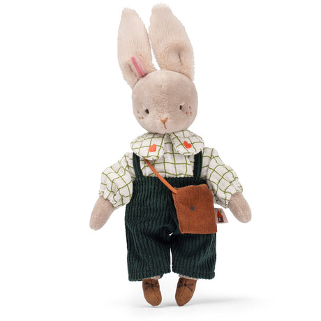 Plush Moulin Roty Les Minouchkas Nine the rabbit doll in green overalls with a brown bag.
