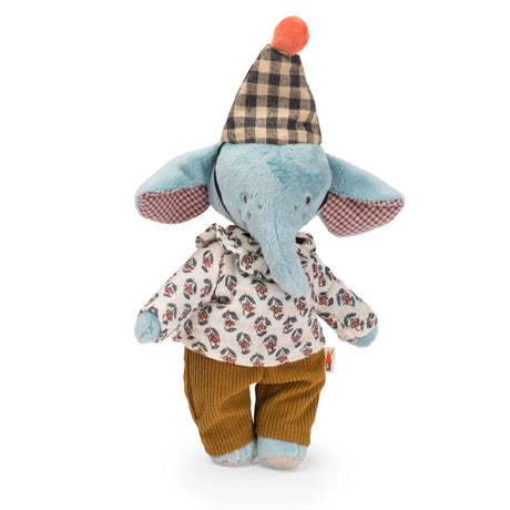 Les Minouchkas Pablo the Elephant plush toy wearing a patterned shirt, brown pants, and a plaid party hat.
