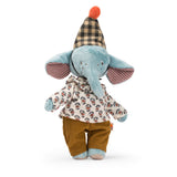 Les Minouchkas Pablo the Elephant plush toy wearing a patterned shirt, brown pants, and a plaid party hat.