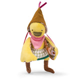 Moulin Roty Les Minouchkas Rita the Duck plush toy wearing a brown hood, pink scarf, and floral dress.