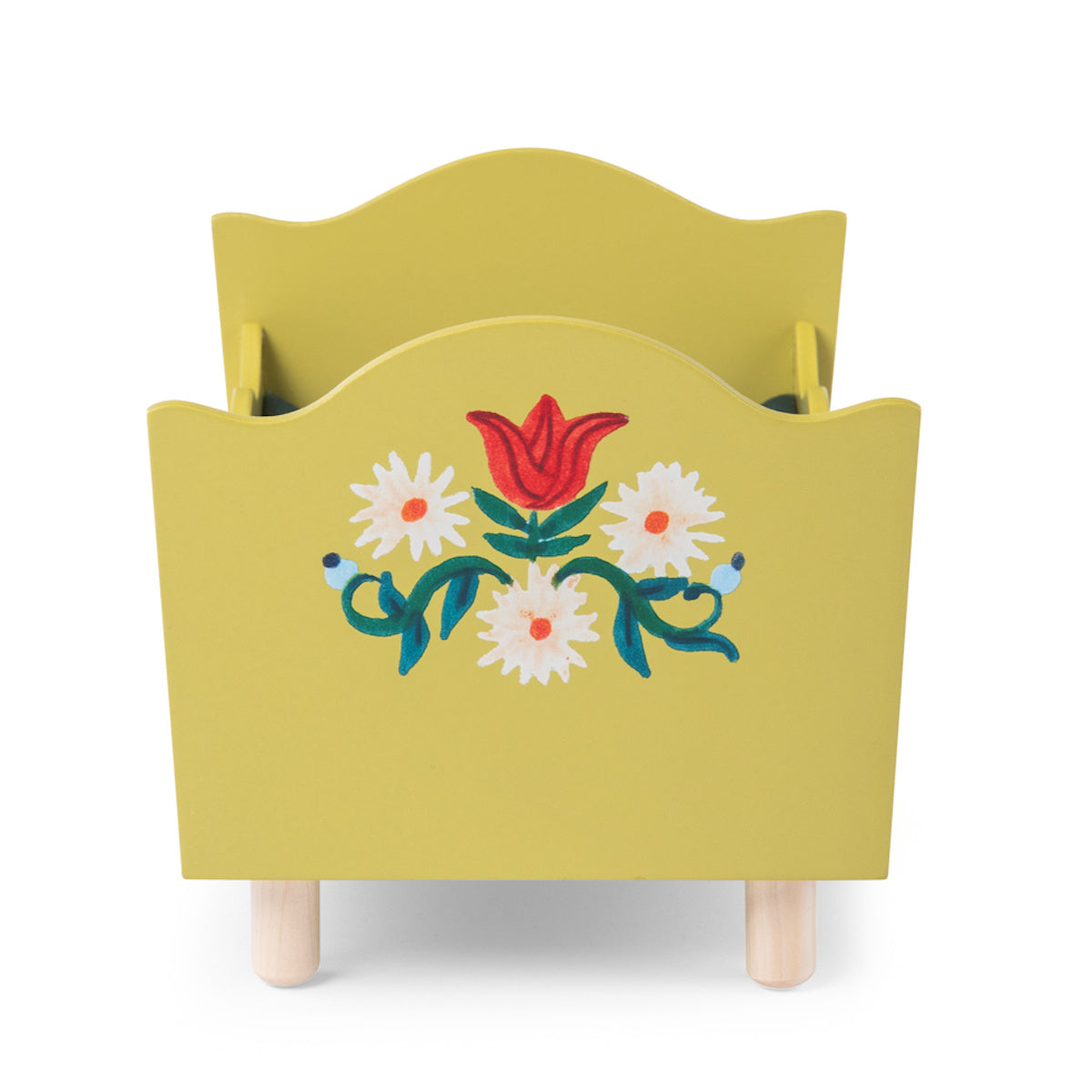 Vintage yellow wooden magazine rack with painted white and red floral design.