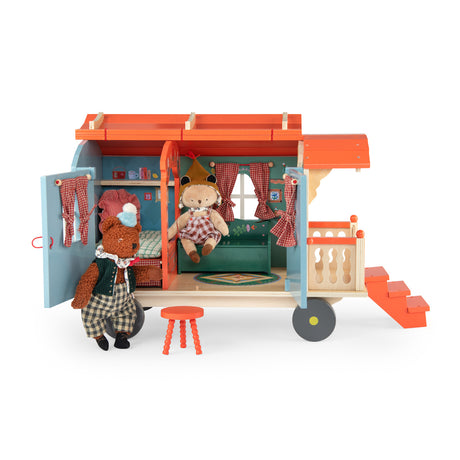 Moulin Roty Les Minouchkas wooden caravan toy set with plush bear figures.