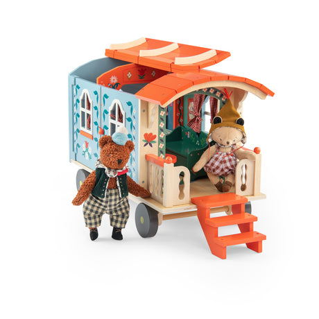 Les Minouchkas wooden caravan toy play set with two small teddy bear figures.