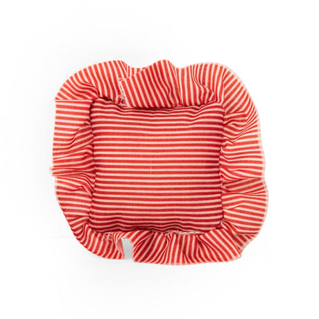 Small square red and white striped dollhouse pillow with ruffles for Les Minouchkas Caravan.