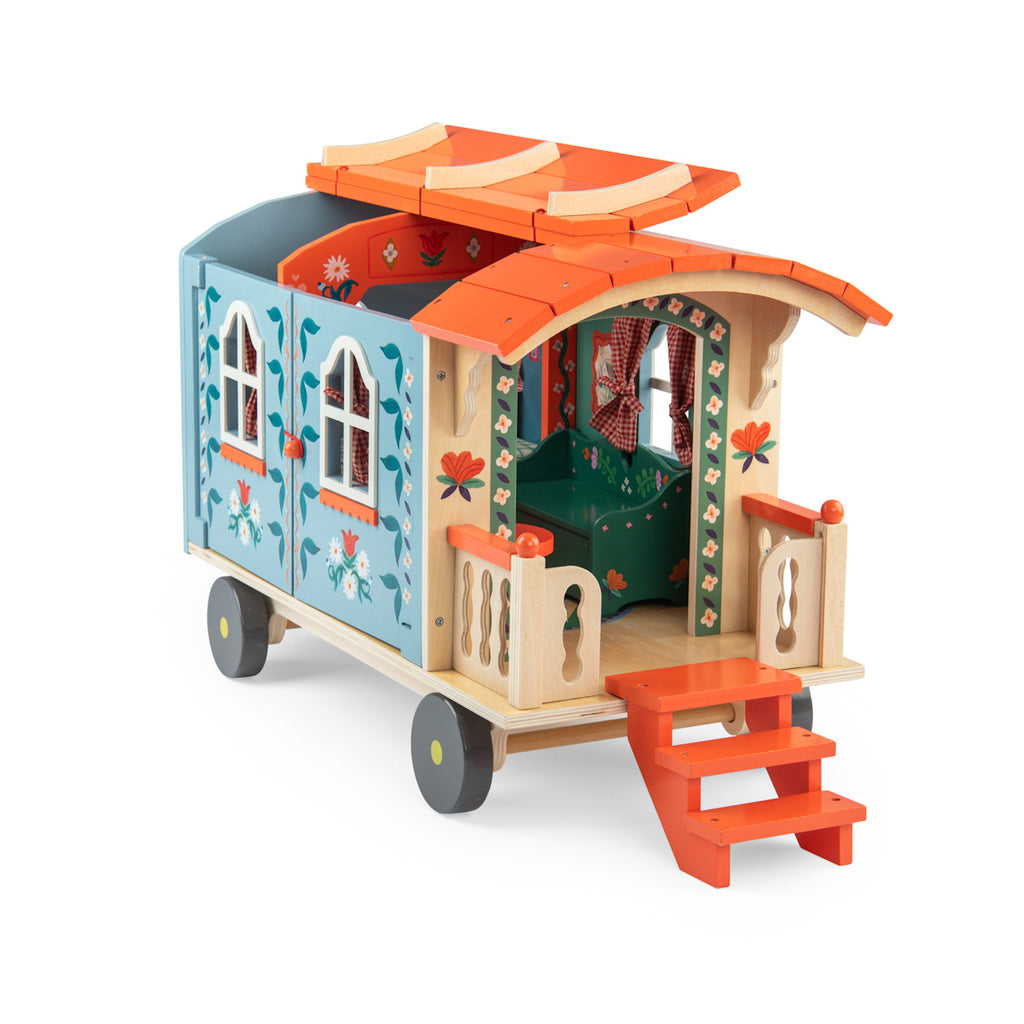 Toy wagon with a colorful design, featuring a blue body with floral patterns, an orange roof, and tiny stairs leading to a small porch on wheels.