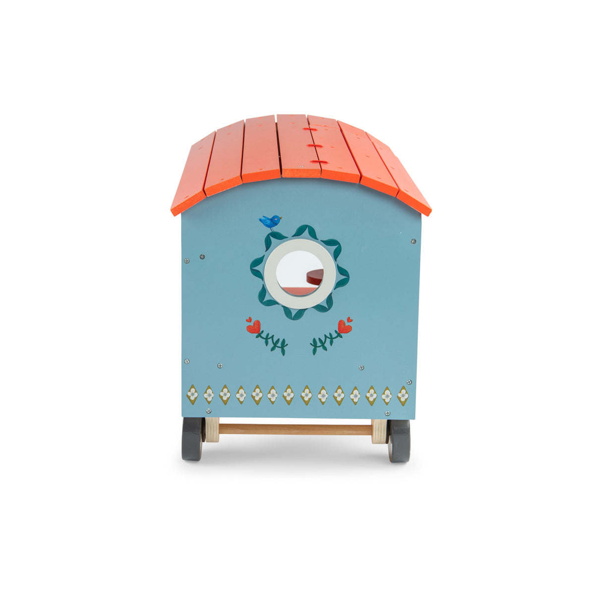 Les Minouchkas wooden toy caravan with orange roof and blue painted floral details.