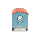 Les Minouchkas wooden toy caravan with orange roof and blue painted floral details.