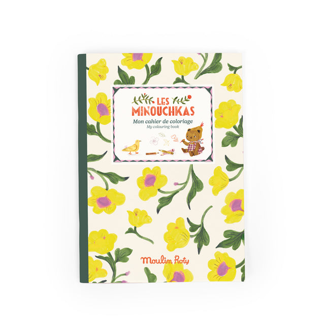Coloring book cover titled "Les Minouchkas" with yellow flowers and green leaves. Features a cute illustration of a bear and a bird. Playful and cheerful design.