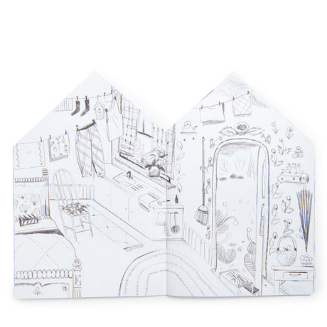 Les Minouchkas house-shaped coloring book showing a detailed, hand-drawn cozy kitchen and bedroom interior.