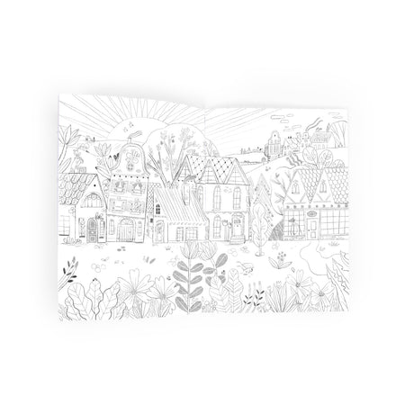 Black and white illustration depicting a quaint village with charming houses, lush foliage in the foreground, and a rising sun in the background, conveying a serene and peaceful atmosphere.