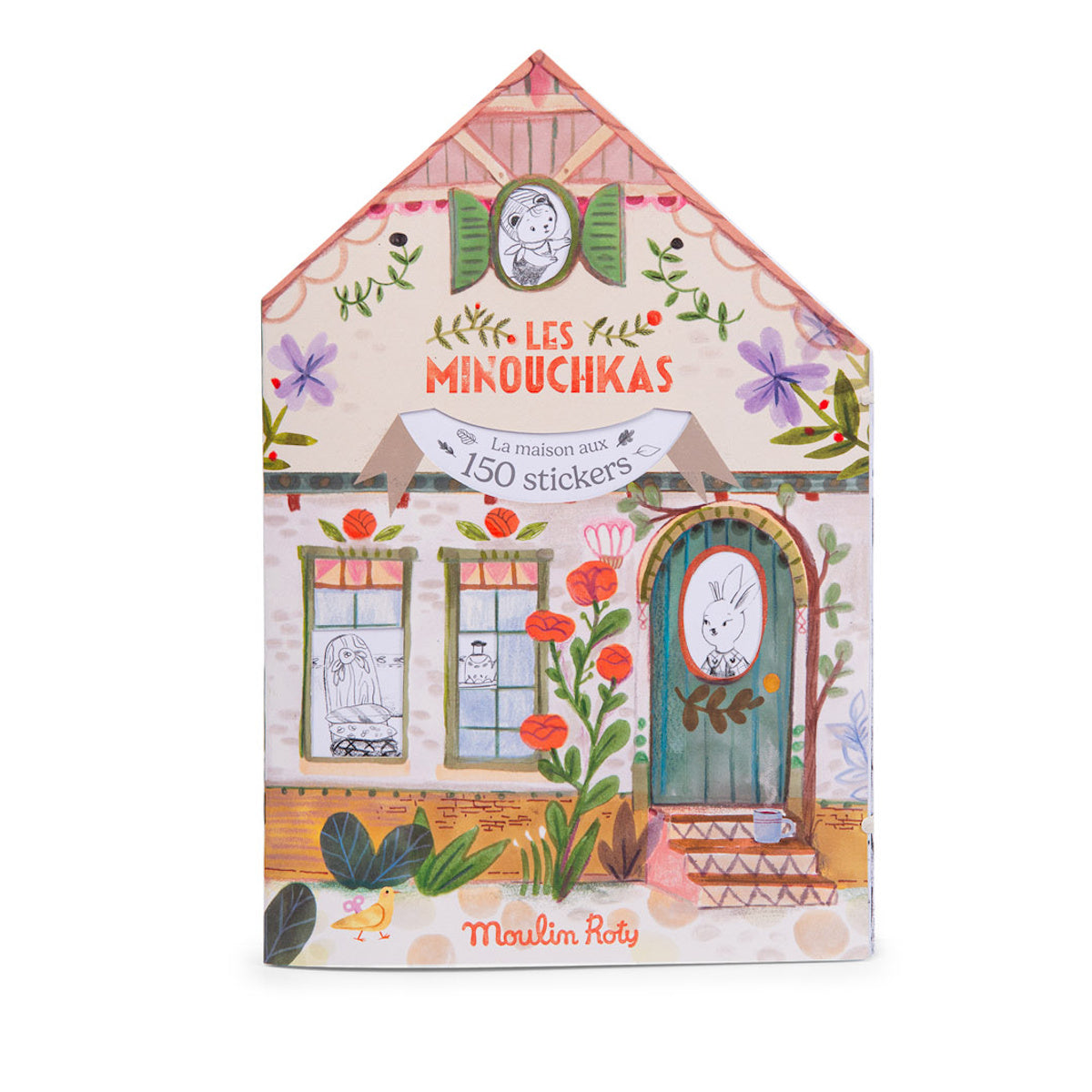 Les Minouchkas sticker and coloring book by Moulin Roty shaped like a house.