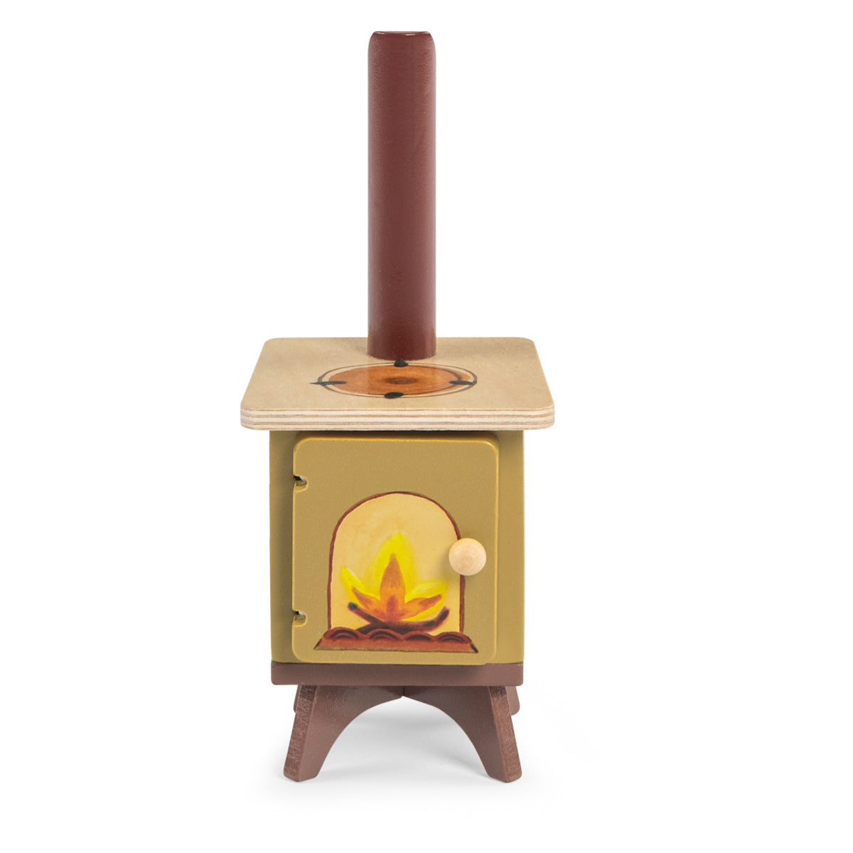 Miniature wooden toy stove from Les Minouchkas Cosy Living Room set featuring a painted fireplace fire.