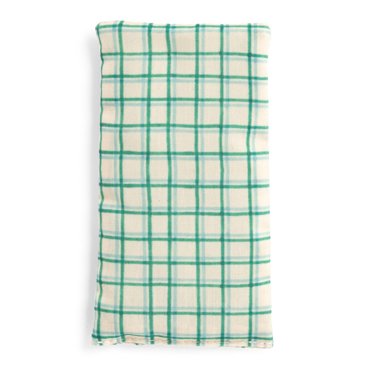 Green and cream plaid fabric eye pillow or small heat pack on a white background.