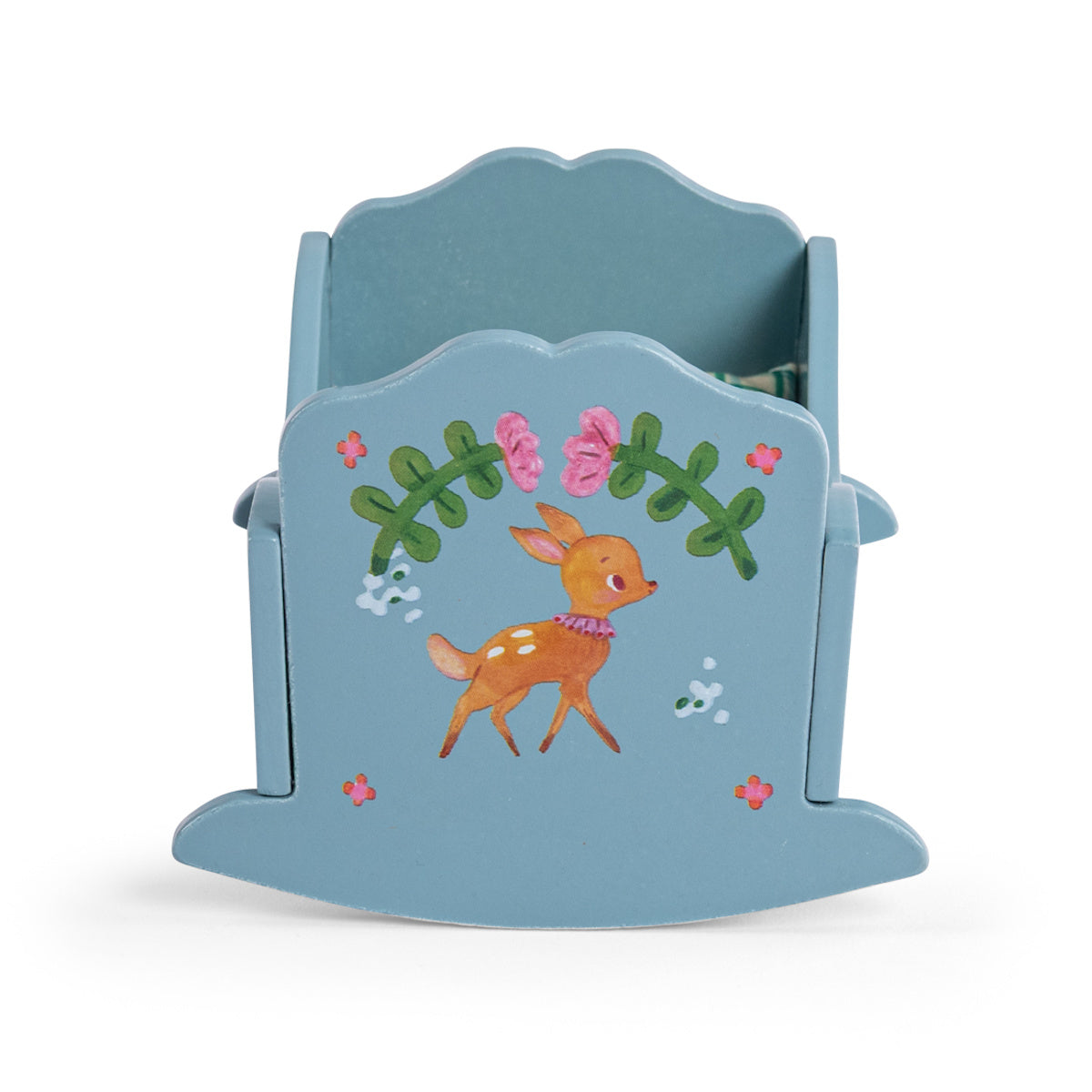 Vintage style blue wooden doll cradle with painted deer and flowers.