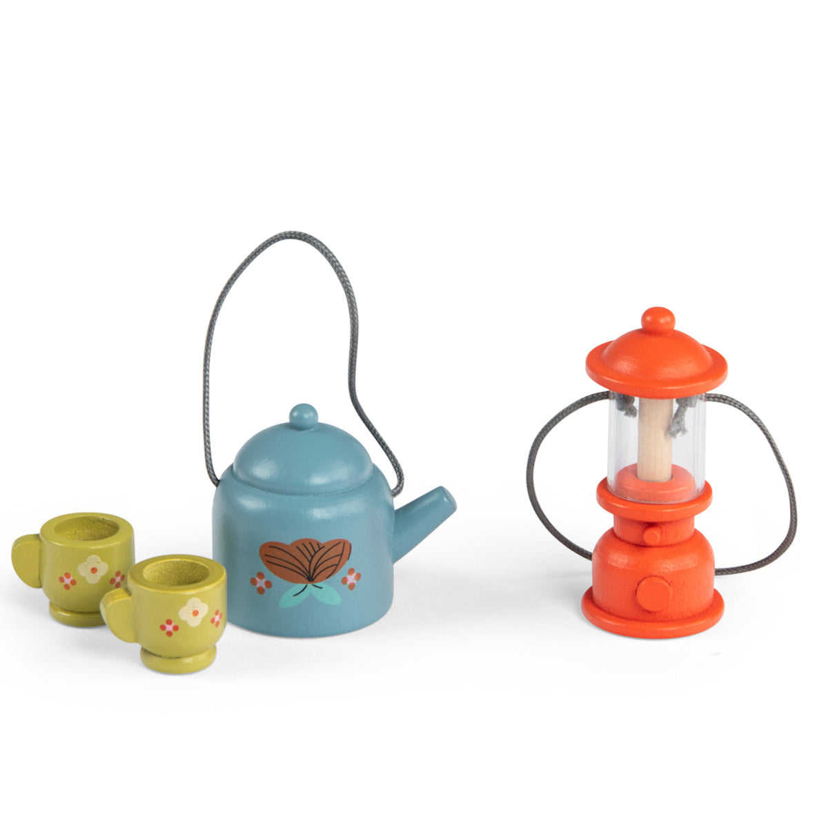 Les Minouchkas fireside accessories wooden toy set with a blue teapot, green cups, and orange lantern.