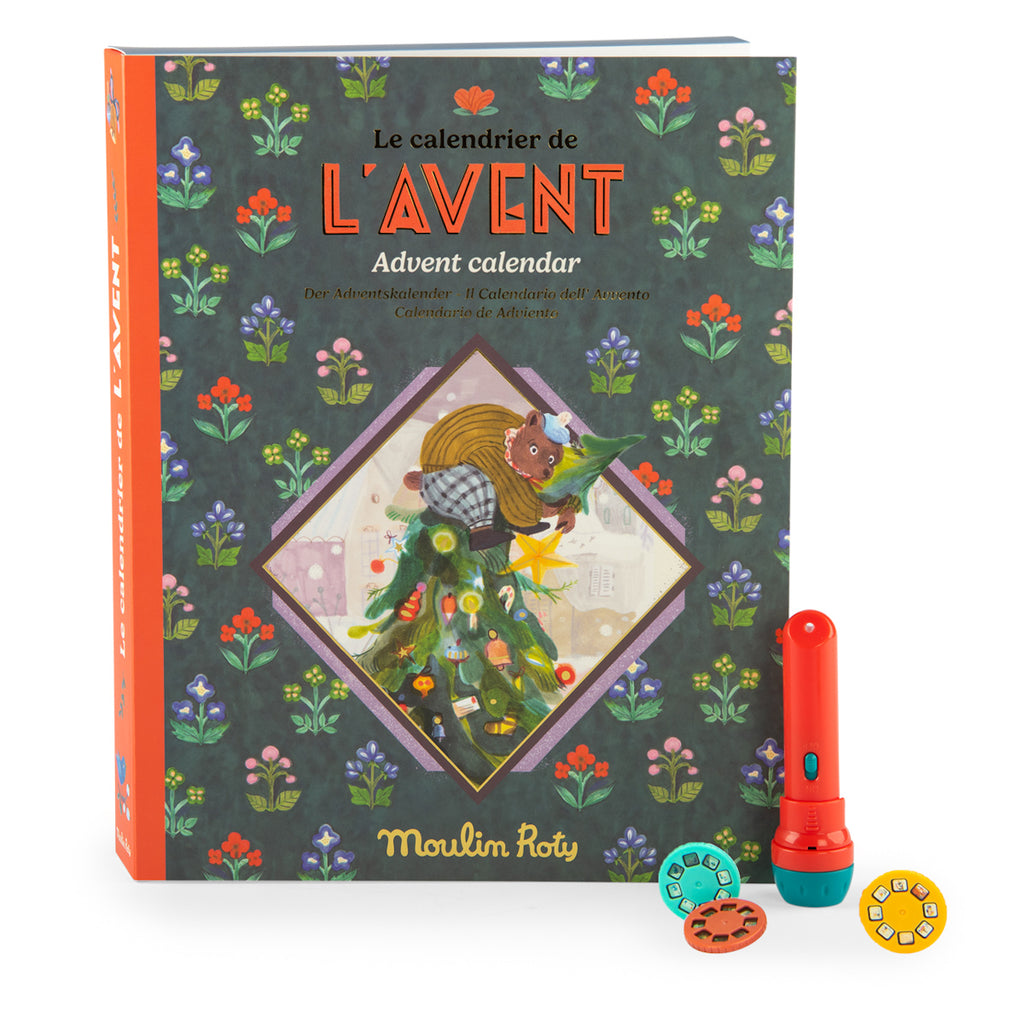 Advent calendar with a whimsical animal illustration on a floral background. Includes a red flashlight-like toy and three colorful discs.