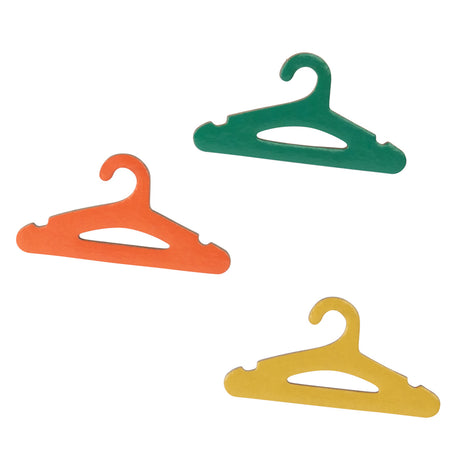 Three small colorful doll clothes hangers for the Les Minouchkas wardrobe toy.
