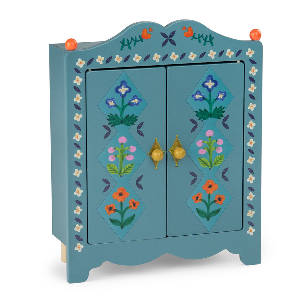 Blue wooden toy wardrobe with floral patterns and orange knobs.