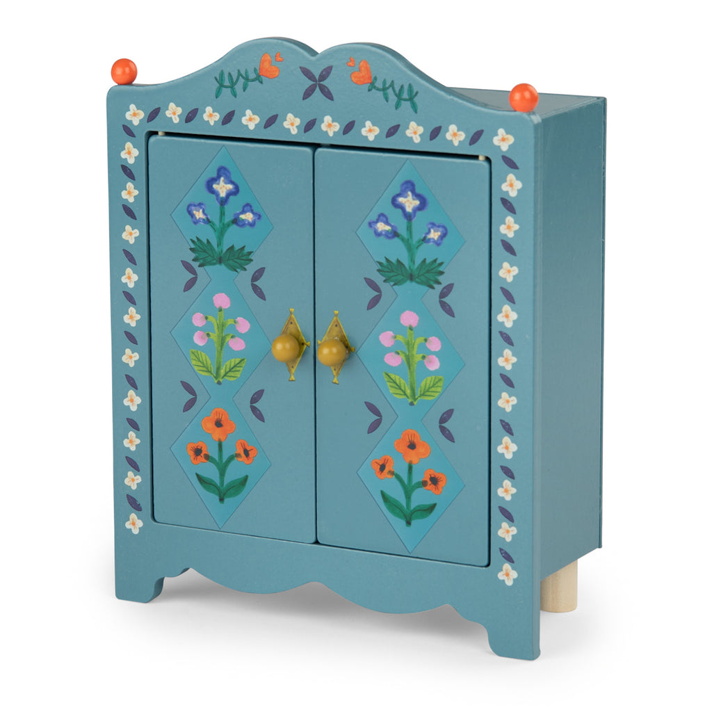 Blue wooden toy wardrobe with floral patterns and orange knobs.
