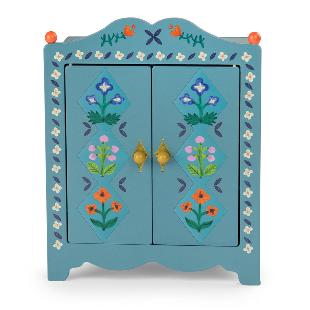 Blue wooden toy wardrobe with floral patterns and orange knobs.