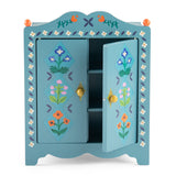 Les Minouchkas blue painted wooden toy wardrobe with floral details and an open door.