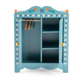 Blue wooden toy wardrobe with hangers and shelves for doll clothes.