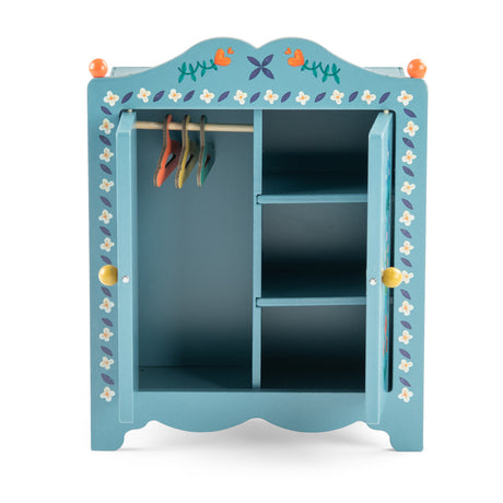 Blue wooden toy wardrobe with hangers and shelves for doll clothes.