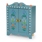 Hand-painted blue wooden miniature wardrobe with colorful floral patterns and gold knobs.