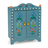 Blue wooden doll wardrobe with painted flowers for Les Minouchkas.