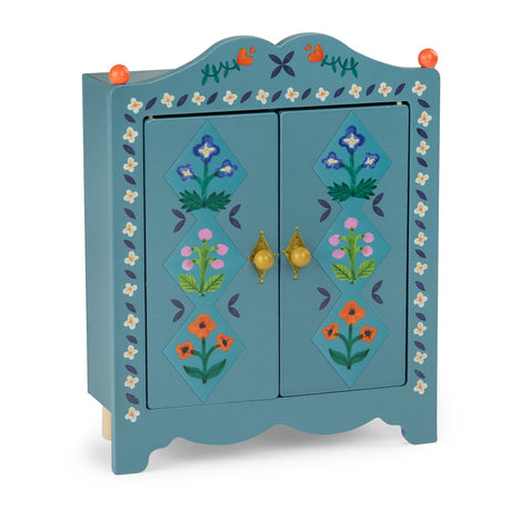 Blue wooden doll wardrobe with painted flowers for Les Minouchkas.