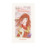 Moulin Roty Les Rosalies Anemone rag doll packaging illustration with red-haired girl holding white goose.