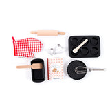 Moulin Roty Les Rosalies kids baking set with rolling pin oven mitt heart cutters muffin tin whisk and recipe book.