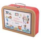 Moulin Roty L'Atelier de Patisserie kids baking set red kraft suitcase carry case with kitchen illustration.