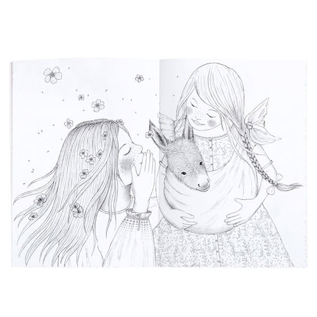 Two girls with long hair and flower accents interact in a black-and-white drawing. One holds a small donkey tenderly, while flowers float around. The scene feels whimsical and serene.