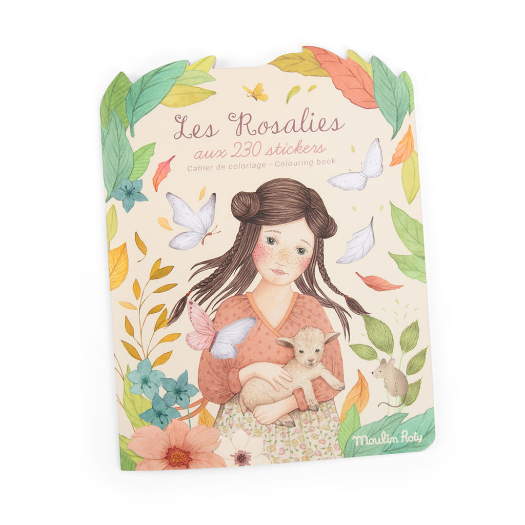 Illustrated coloring book cover featuring a young girl holding a lamb, surrounded by colorful flowers, leaves, butterflies, and a mouse. Warm, whimsical tone.