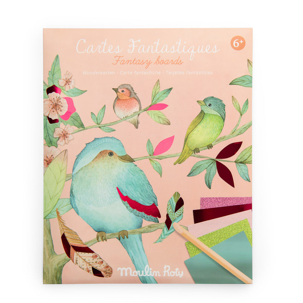 Illustrated cover of "Cartes Fantastiques" featuring colorful birds and flowers on branches. Background is soft pink. Text in French and English.