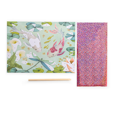 Les Rosalies glitter foil art kit with koi fish board, wooden stylus, and pink glitter sheet.